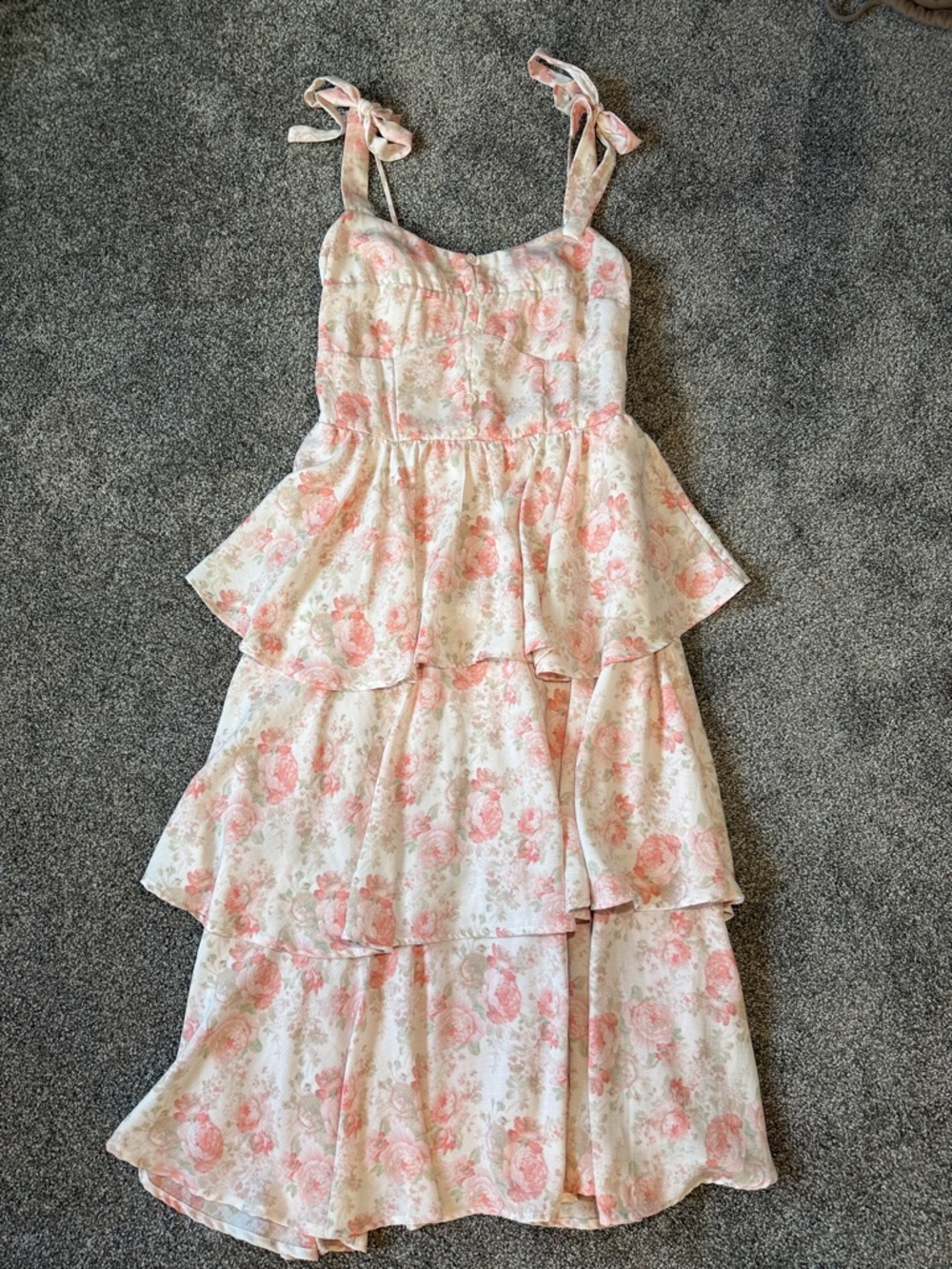 Altar'd State Cream Floral Tiered Midi Dress with Pink Roses